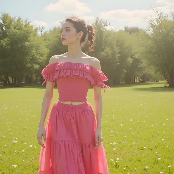 Elegant Pink Off-Shoulder Skirt Set-Missing external and internal tags - Picture 2 of 3